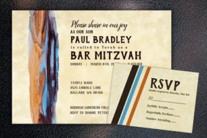 unique bar mitzvah invitations brown blue beige stripes paint watercolor
