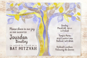 modern glitter bat mitzvah invitations blue and yellow