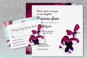 modern purple violet pink floral bat mitzvah invitations