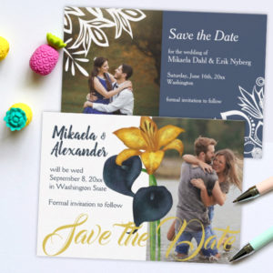 blue and gold fall flowers wedding save the date cards