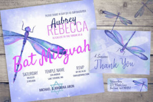 blue whimsical dragonfly batmitzvah invitations