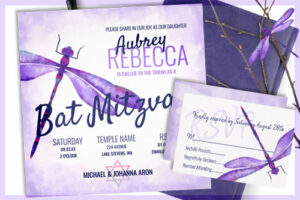 purple whimsical dragonfly batmitzvah invitations