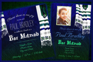 unique modern blue teal green prayer shawl bar mitzvah invitations