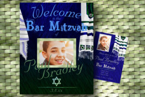 modern blue tallit prayer shawl bar mitzvah welcome sign poster sage green teal green royal blue
