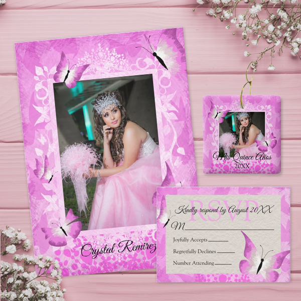 elegant baby pink butterfly quinceanera invitations