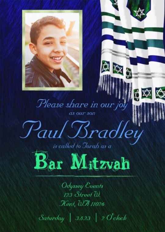 blue green bar mitzvah photo invitation tallis tallit prayer shawl