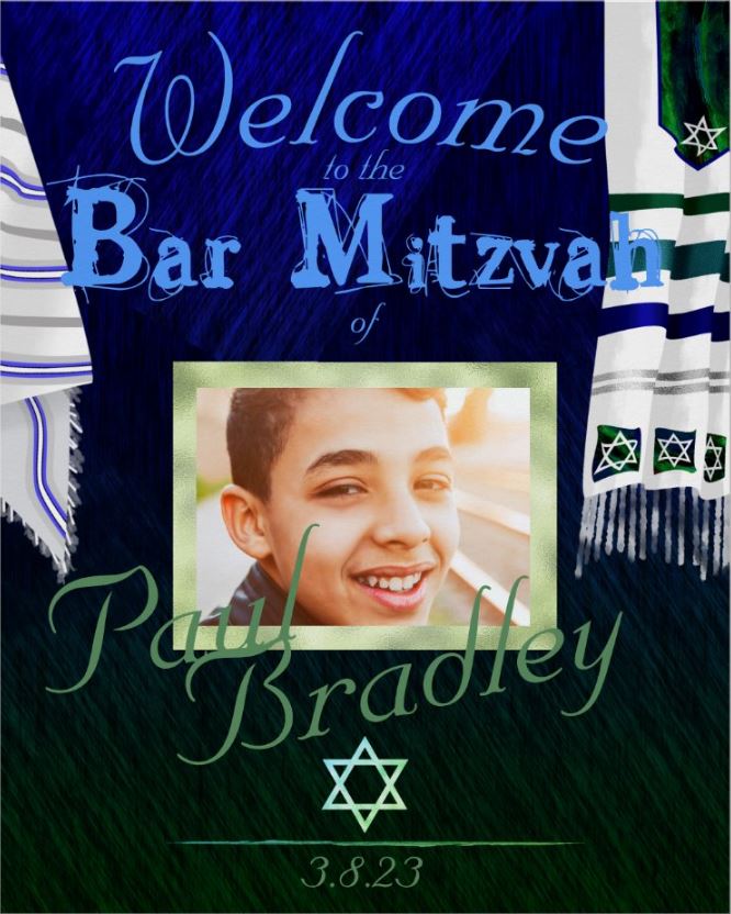 blue green bar mitzvah welcome sign poster