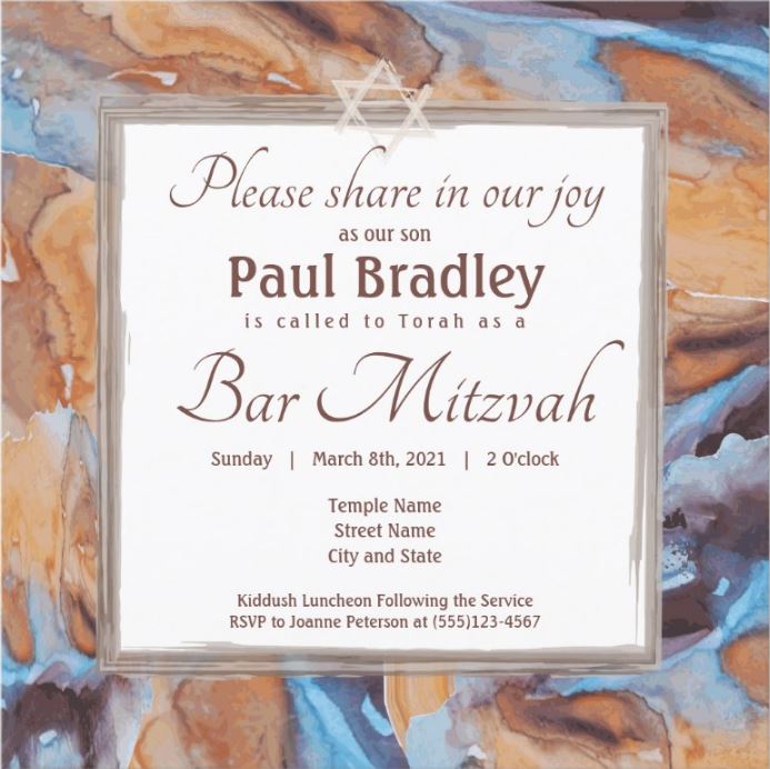 modern Brown Blue Marble Bar Mitzvah Invitations