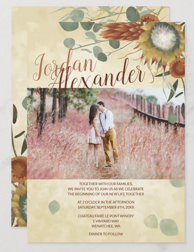 brown orange protea fall flower wedding invitations