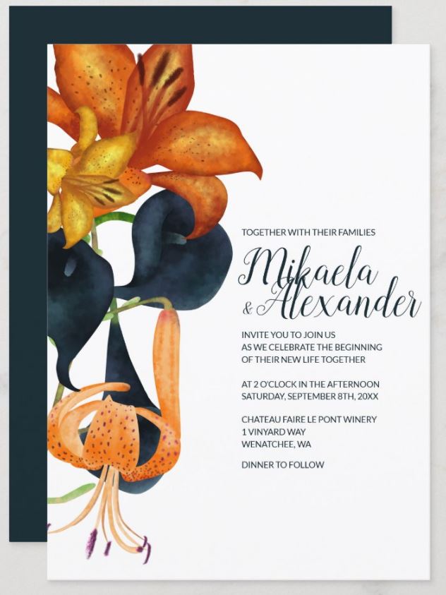 orange blue tiger lilies wedding invitations