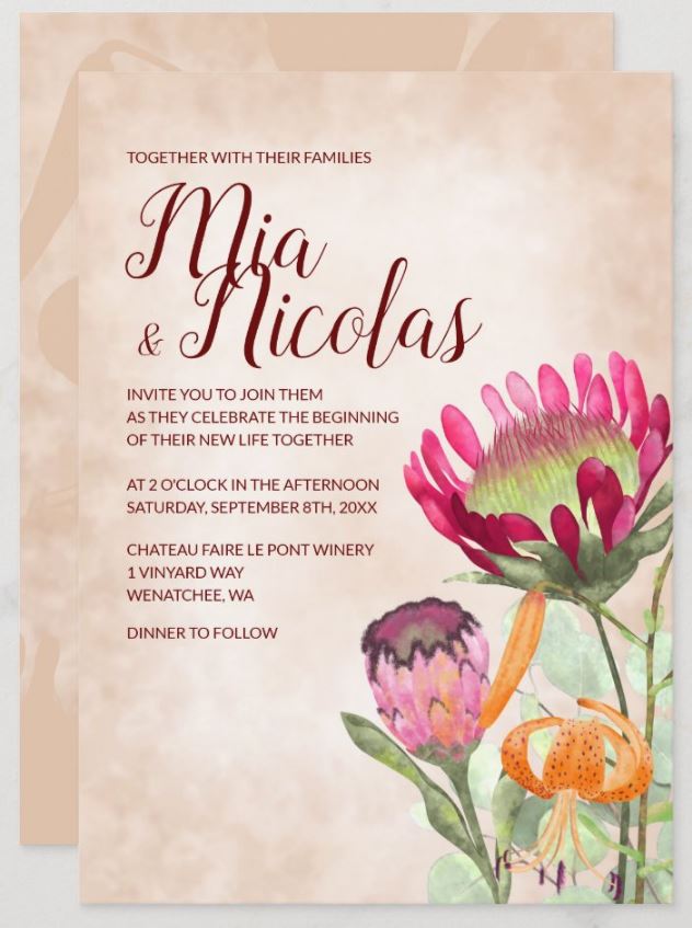 fall pink magenta protea flowers wedding invitations