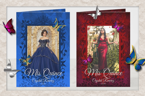 ornate fancy quinceanera invitations in red or blue