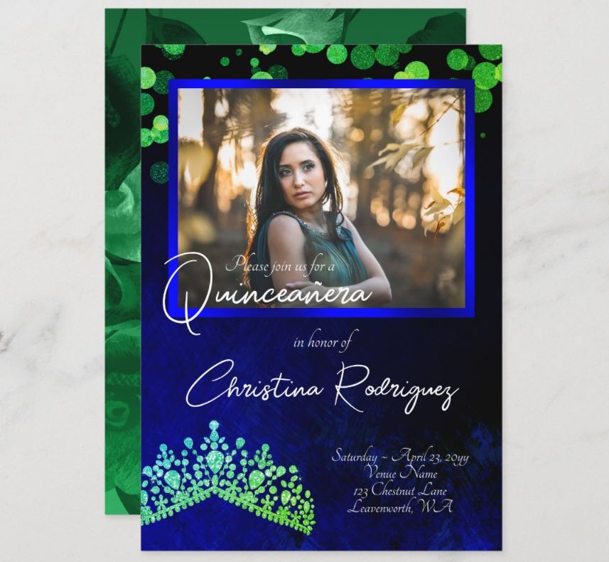 dramatic-fancy-quinceanera-invitations-blue-green-tiara
