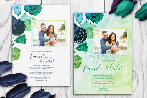 spring green blue rose garden wedding invitations