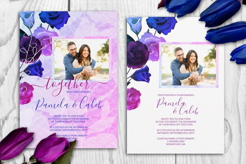 purple royal blue rose garden spring wedding invitations