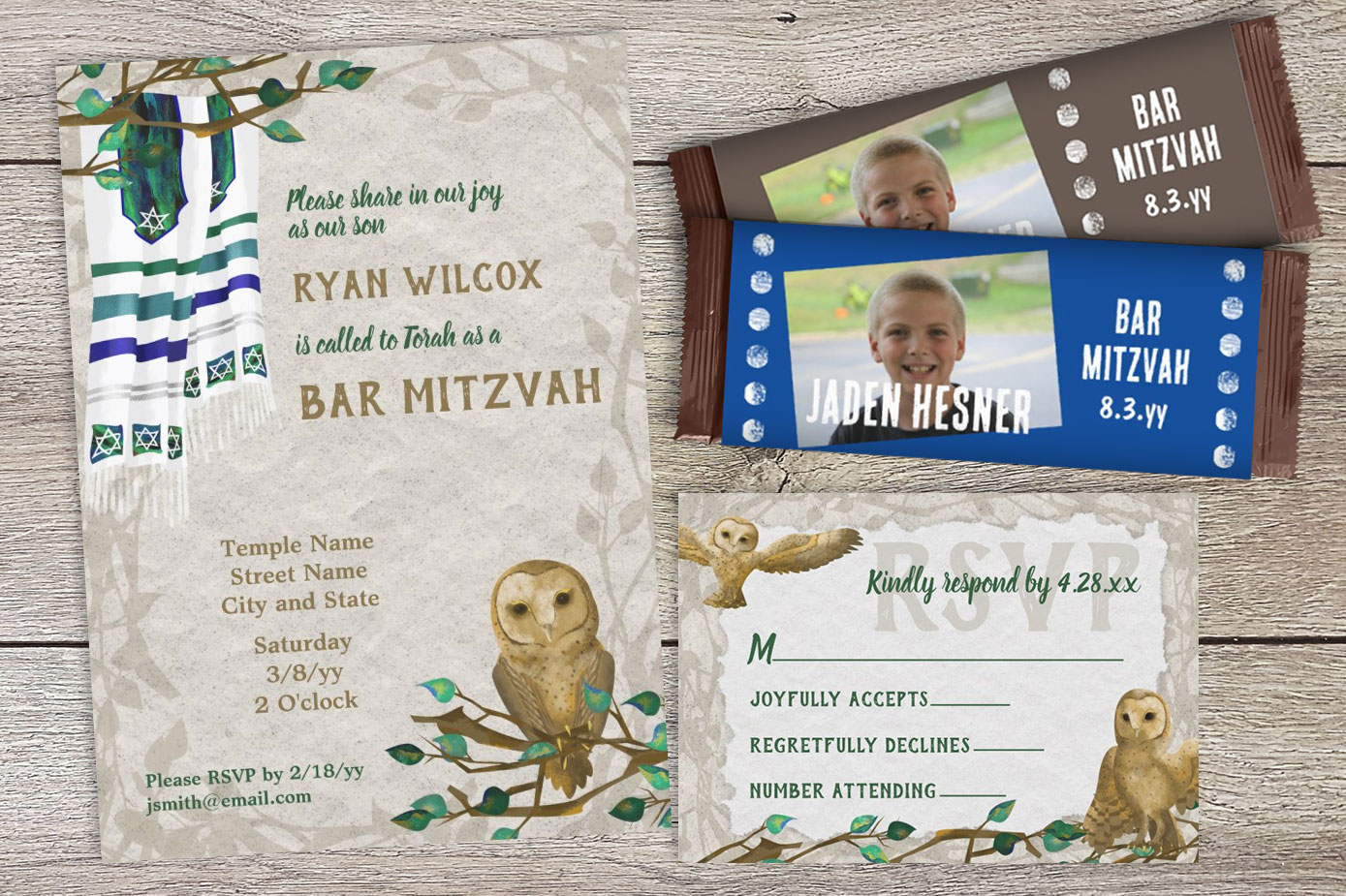 brown beige green forest owls bar mitzvah invitations