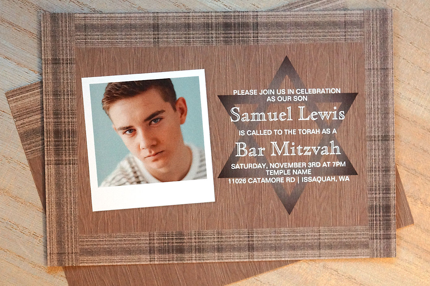 brown plaid bar mitzvah invitations