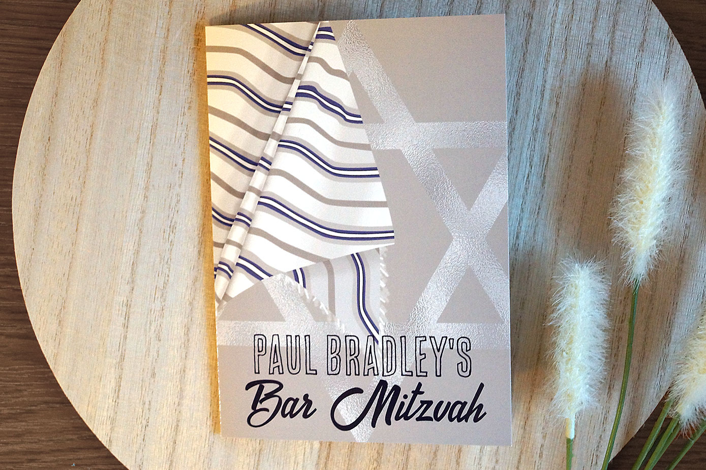 navy blue and silver prayer shawl bar mitzvah invitation