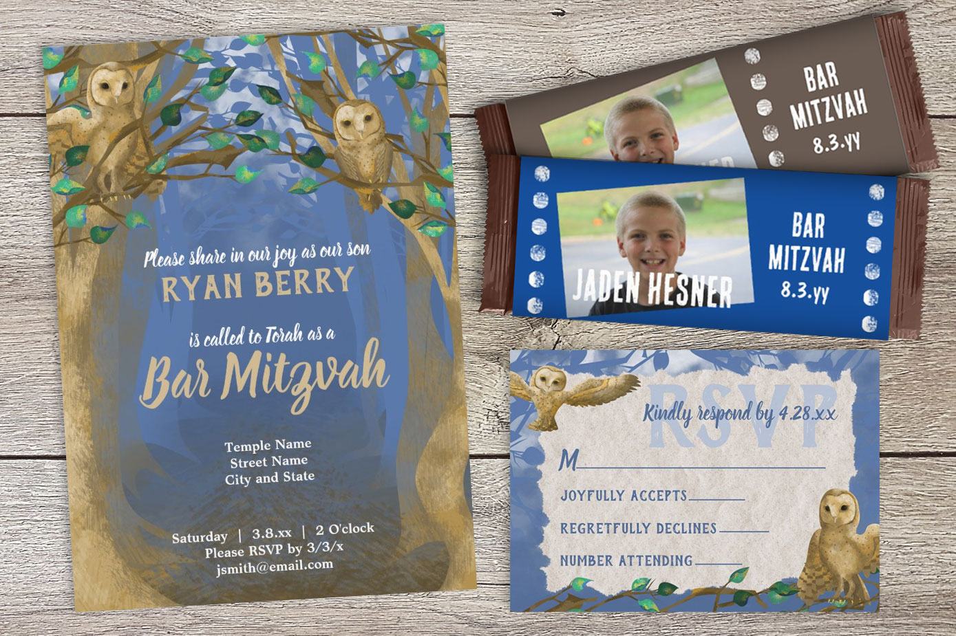 blue barmitzvah invitations with owls and forest