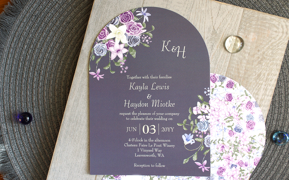 slate blue and lavender wedding invitation