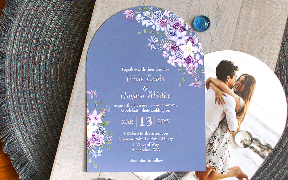 purple and light blue rose wedding invitations