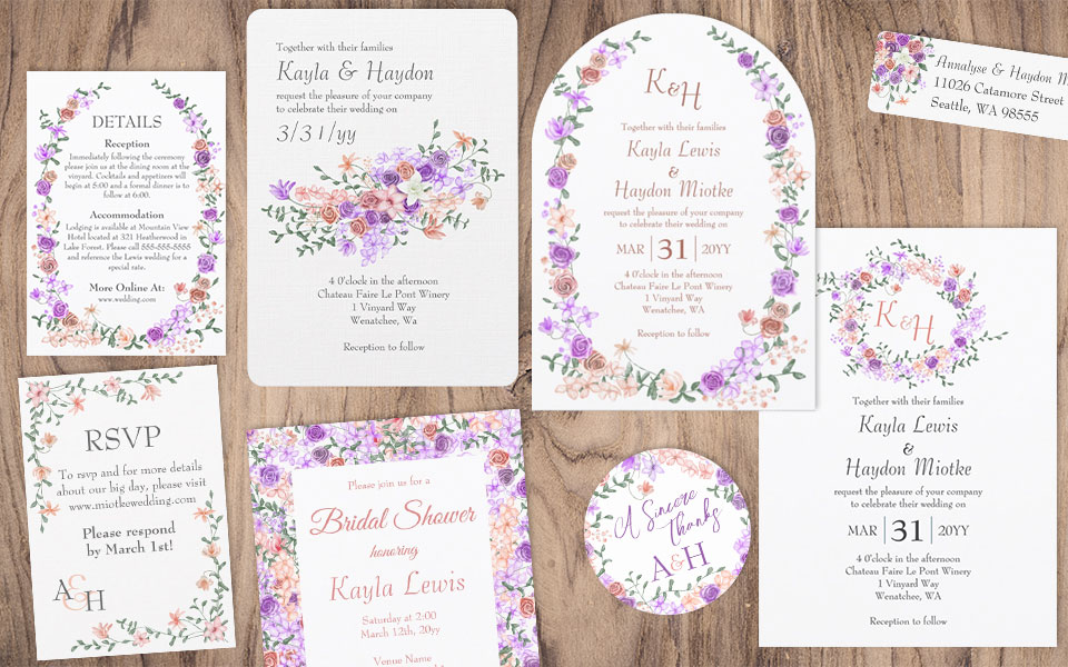 lilac and peach wedding invitations