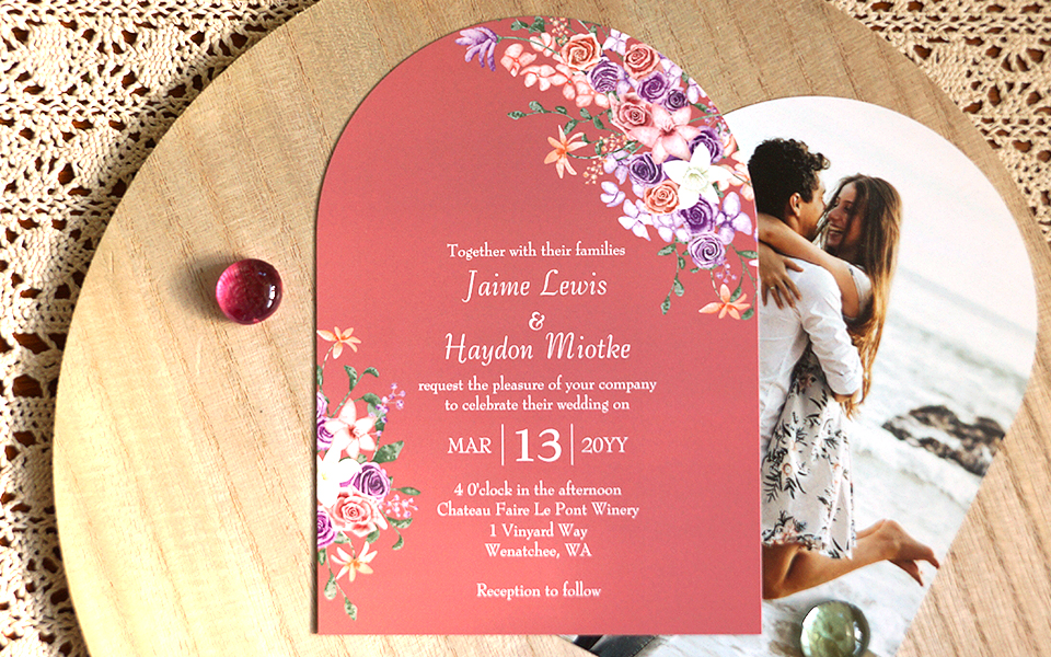 lilac and peach floral wedding invitations