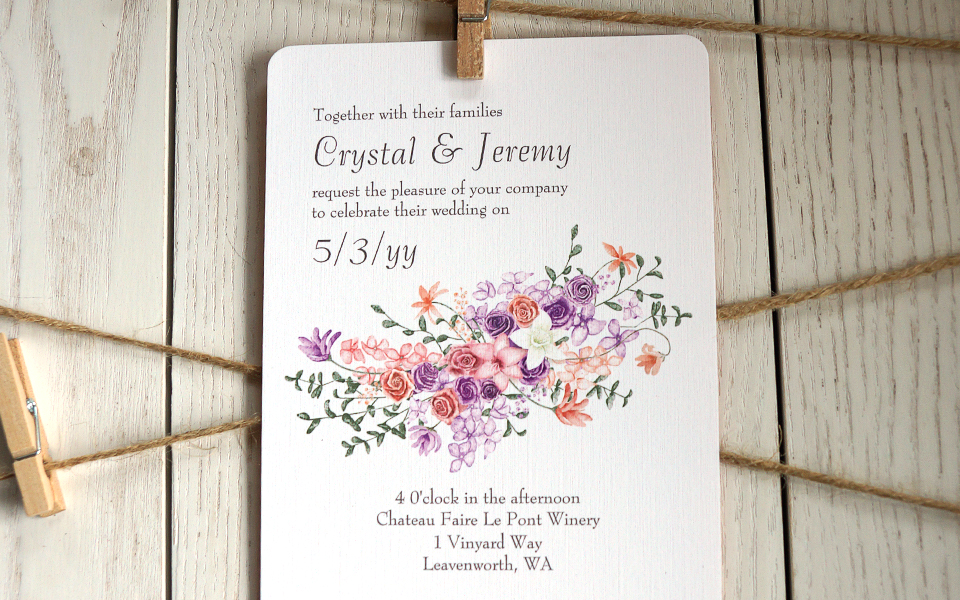 lilac and peach rose bouquet wedding invitation