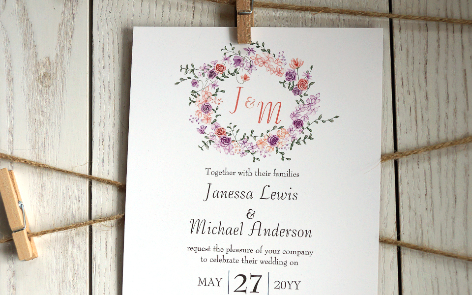 lilac and peach floral wedding invitations
