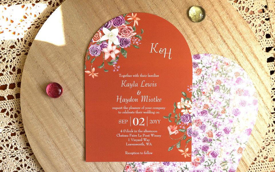lilac and peach rose wedding invitations