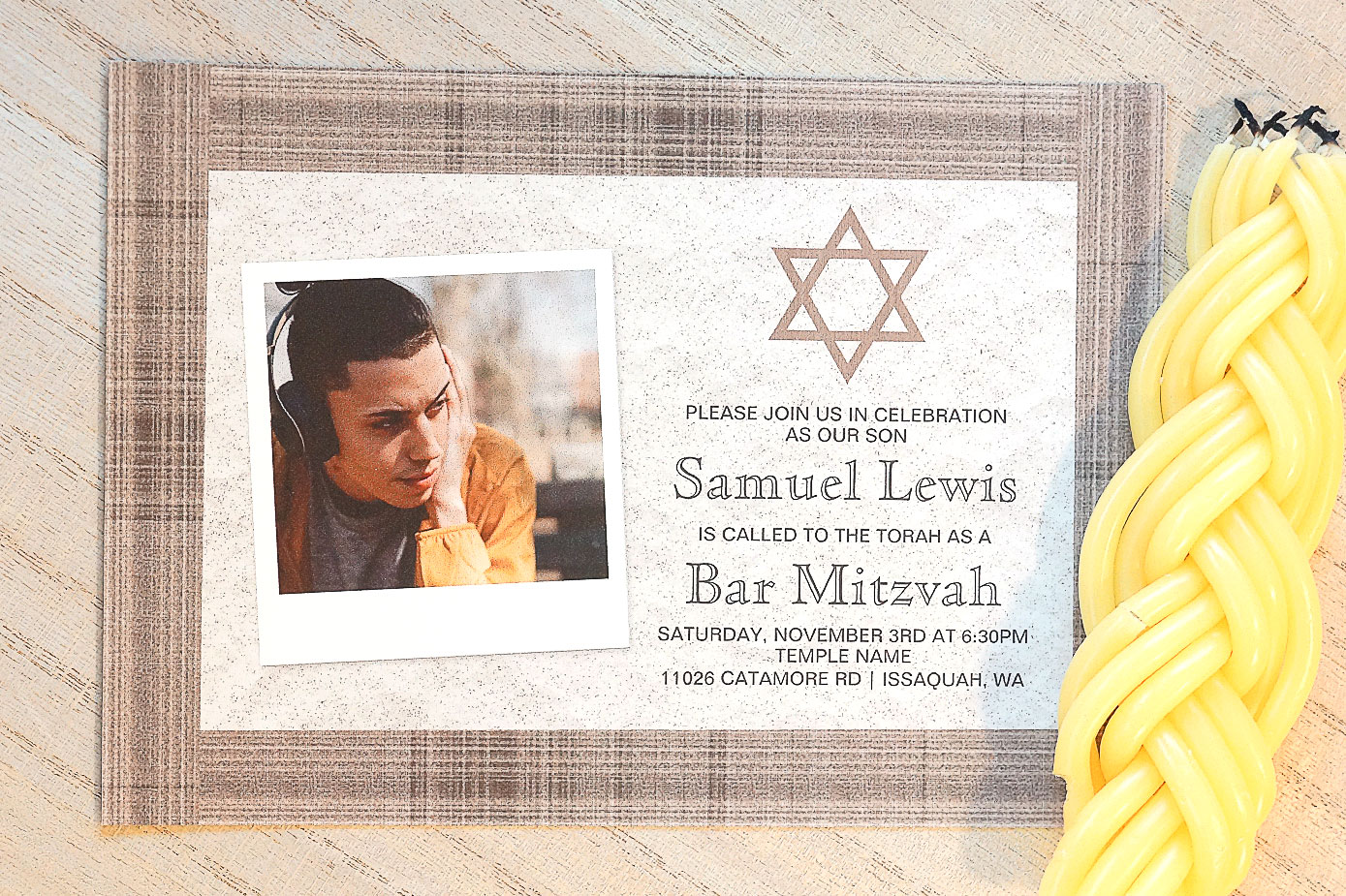 beige plaid bar mitzvah invitation