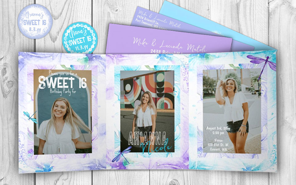 purple blue sweet 16 trifold party invitation