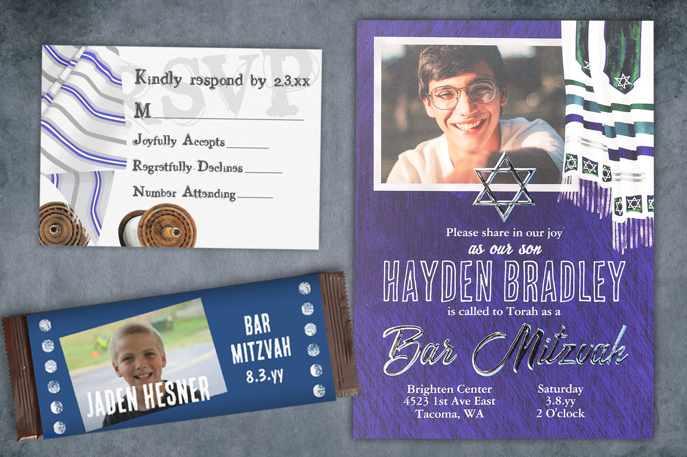 blue bar mitzvah invitations with tallit prayer shawl