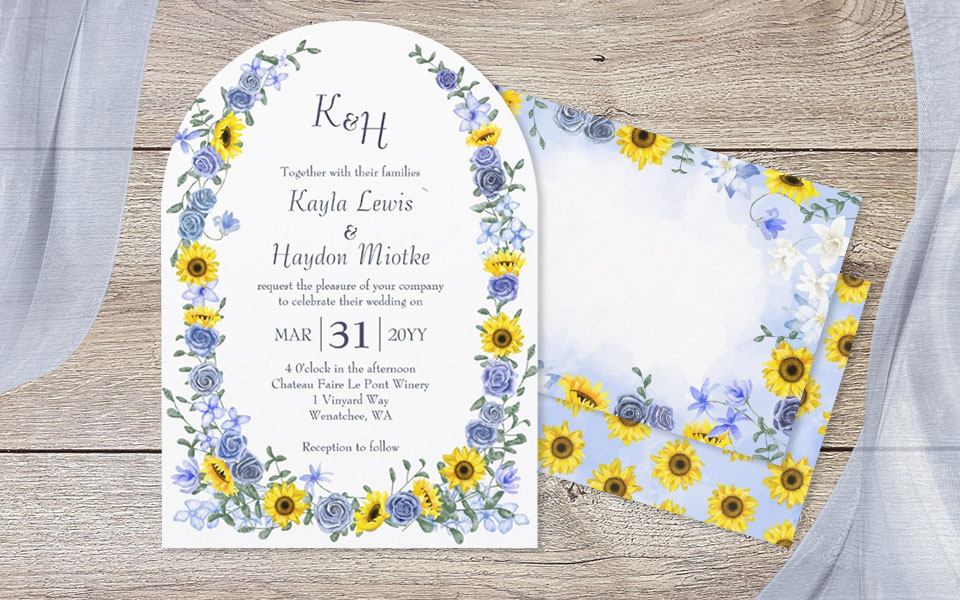 sunflowers and dusty blue roses wedding invitations