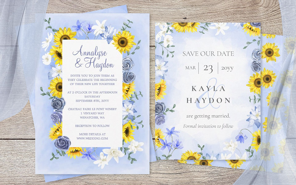 sunflowers and dusty blue rose wedding invitations