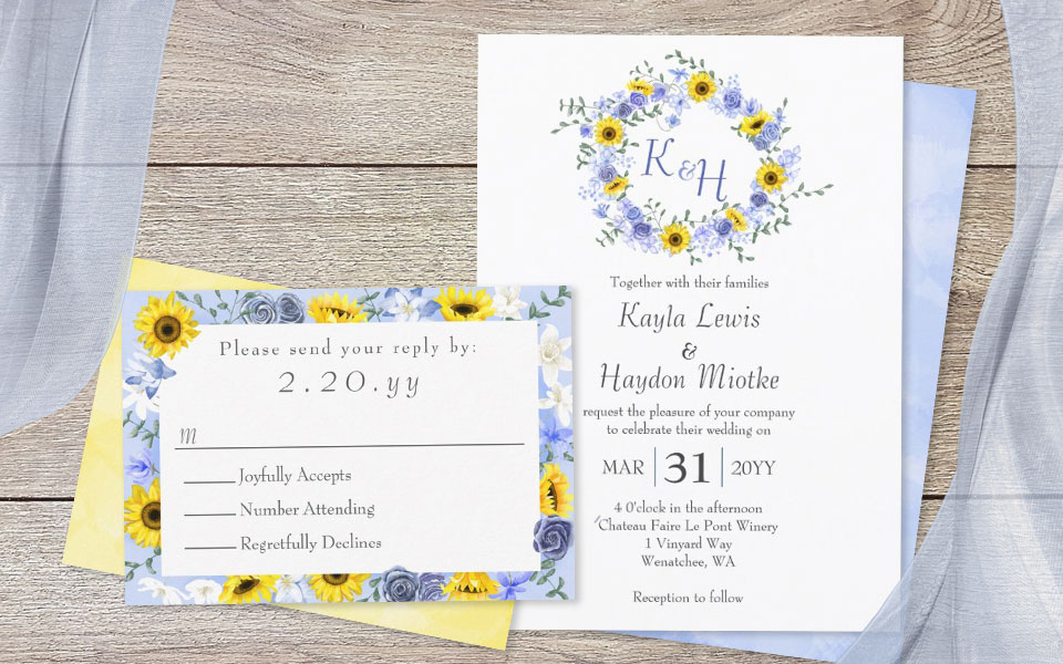 sunflowers and dusty blue rose wedding invitations and rsvp cards